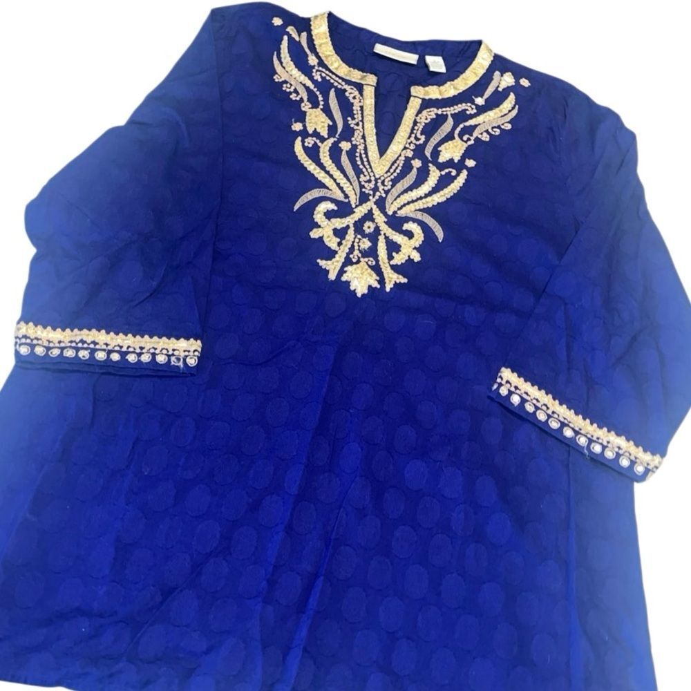 Chico's Vibrant Blue Gold Accents V Neck Pullover Top Size Large
